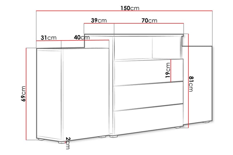 ZUKOWO Byrå 39x150 cm LED Vit - Förvaring - Förvaringsmöbler - Byrå