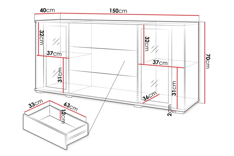 Gamal Skänk 150x40 cm i Trä med Glasdörrar - Svart - Förvaring - Förvaringsmöbler - Skänkar & sideboards