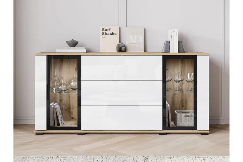 Gamal Skänk 150x40 cm i Trä med Glasdörrar, Svart