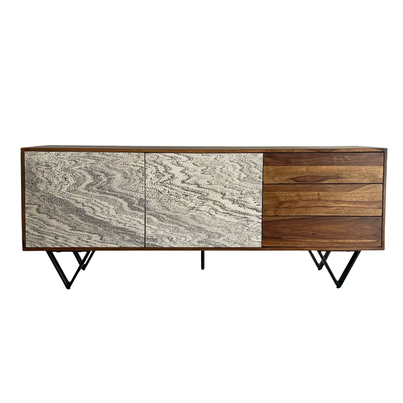 Jesvik Skänk 175x71x40 cm i massivt sheeshamträ med fronter i stenlook, vit och naturligt trä