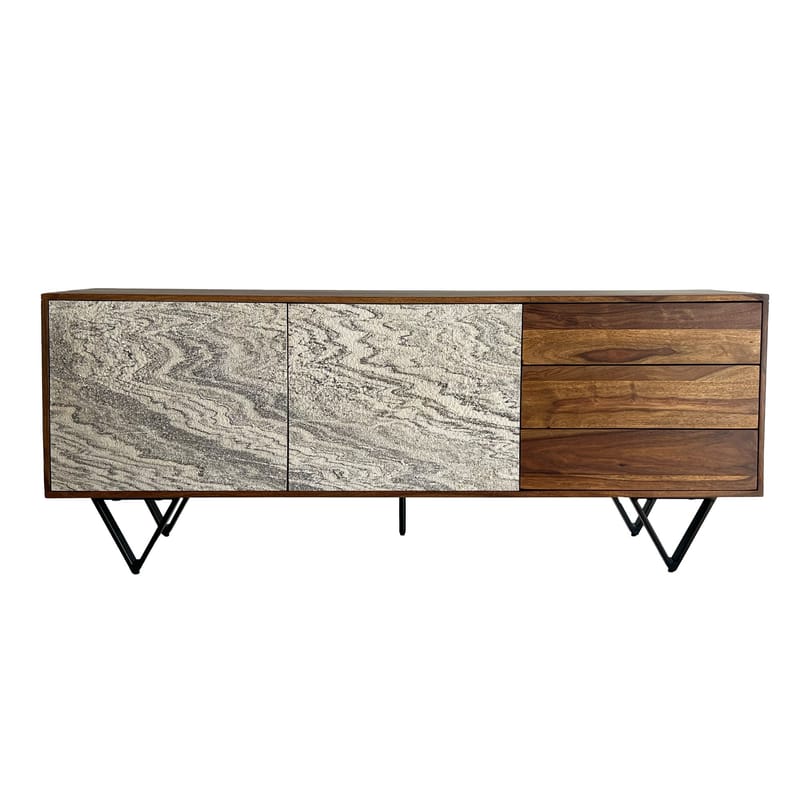 Jesvik Skänk 175x71x40 cm i massivt sheeshamträ med fronter i stenlook - vit och naturligt trä - Förvaring - Förvaringsmöbler - Skänkar & sideboards