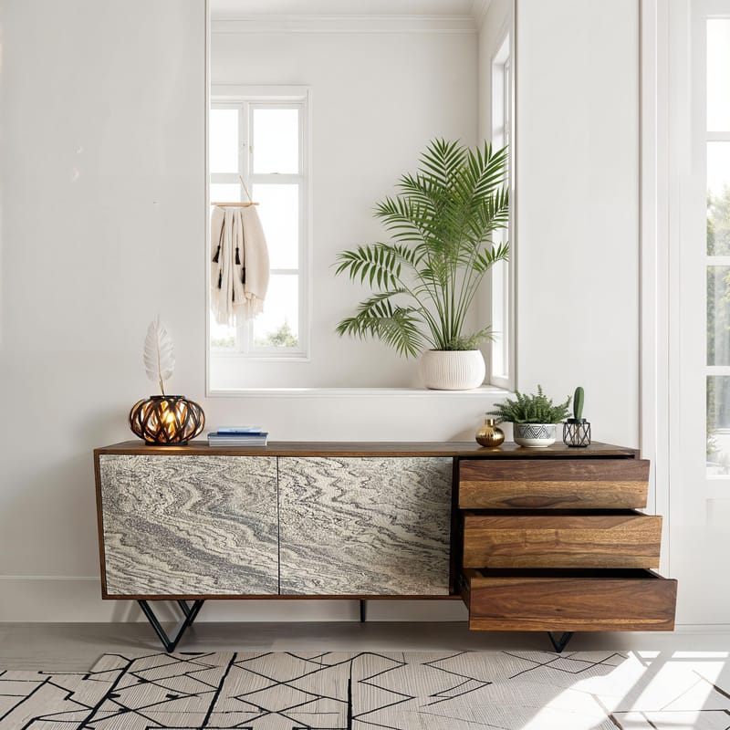 Jesvik Skänk 175x71x40 cm i massivt sheeshamträ med fronter i stenlook - vit och naturligt trä - Förvaring - Förvaringsmöbler - Skänkar & sideboards