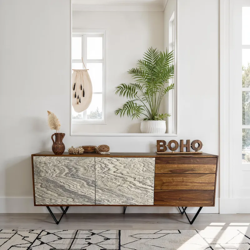 Jesvik Skänk 175x71x40 cm i massivt sheeshamträ med fronter i stenlook - vit och naturligt trä - Förvaring - Förvaringsmöbler - Skänkar & sideboards