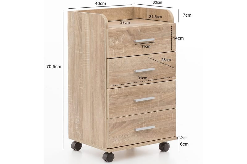 Rullkontejner Wohnling 4 lådor med hjul, förvaringsbricka, foliebelagd spånskiva, modern stil Sonoma - Sonoma - Förvaring - Förvaringsmöbler - Byrå