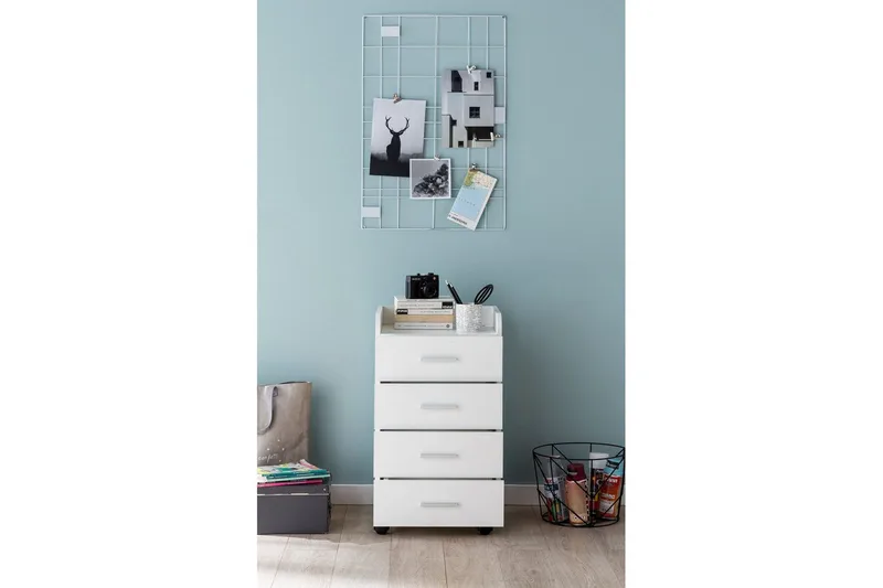 Rullkontejner Wohnling 4 lådor med hjul, förvaringsbricka, foliebelagd spånskiva, modern stil Vit - Vit - Förvaring - Kontorsförvaring - Hurtsar
