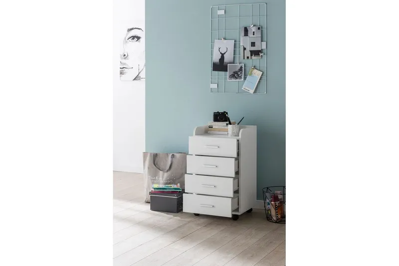 Rullkontejner Wohnling 4 lådor med hjul, förvaringsbricka, foliebelagd spånskiva, modern stil Vit - Vit - Förvaring - Kontorsförvaring - Hurtsar