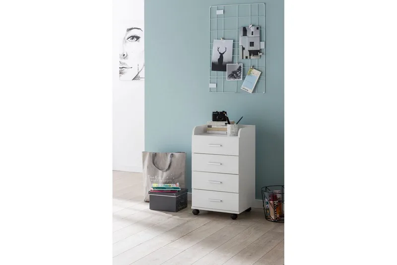 Rullkontejner Wohnling 4 lådor med hjul, förvaringsbricka, foliebelagd spånskiva, modern stil Vit - Vit - Förvaring - Kontorsförvaring - Hurtsar