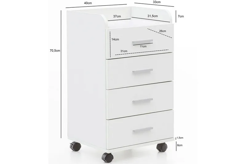 Rullkontejner Wohnling 4 lådor med hjul, förvaringsbricka, foliebelagd spånskiva, modern stil Vit - Vit - Förvaring - Kontorsförvaring - Hurtsar
