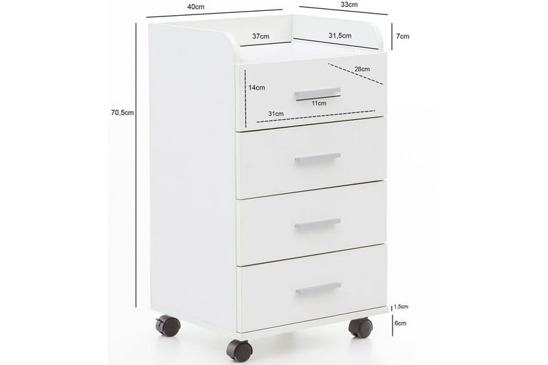 Rullkontejner Wohnling 4 lådor med hjul, förvaringsbricka, foliebelagd spånskiva, modern stil Vit - Vit - Förvaring - Kontorsförvaring - Hurtsar