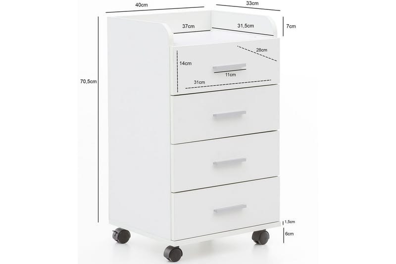 Rullkontejner Wohnling 4 lådor med hjul, förvaringsbricka, foliebelagd spånskiva, modern stil Vit - Vit - Förvaring - Förvaringsmöbler - Byrå