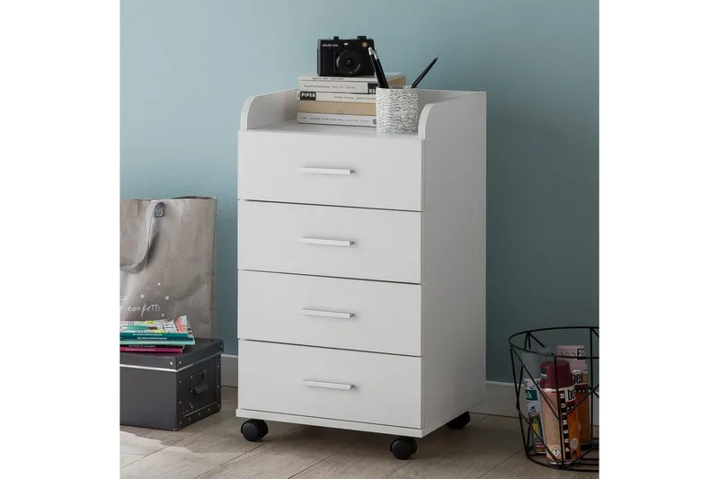 Rullkontejner Wohnling 4 lådor med hjul, förvaringsbricka, foliebelagd spånskiva, modern stil Vit - Vit - Förvaring - Kontorsförvaring - Hurtsar