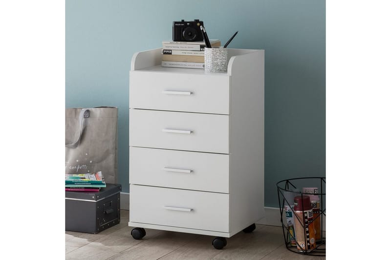 Rullkontejner Wohnling 4 lådor med hjul, förvaringsbricka, foliebelagd spånskiva, modern stil Vit - Vit - Förvaring - Kontorsförvaring - Hurtsar