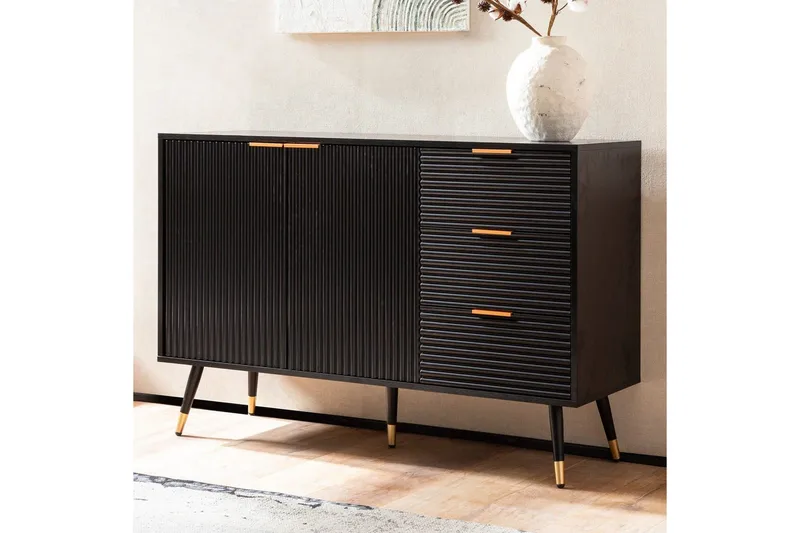 Sideboard Wohnling Folierad spånskiva ekoptik 120 cm 2 dörrar 3 lådor modern - Möbler - Vardagsrum - Soffbord & vardagsrumsbord - Sidobord & lampbord