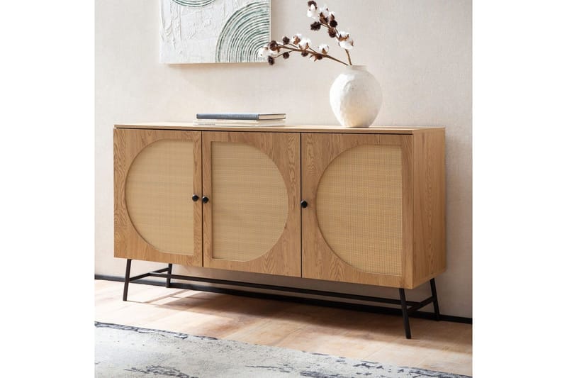 Sideboard Wohnling Folierad spånskiva ekoptik halvcirkel rottingväv look 3 dörrar modern - Möbler - Vardagsrum - Soffbord & vardagsrumsbord - Sidobord & lampbord
