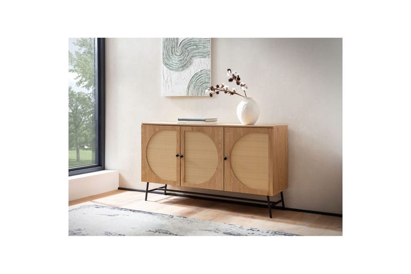 Sideboard Wohnling Folierad spånskiva ekoptik halvcirkel rottingväv look 3 dörrar modern - Möbler - Vardagsrum - Soffbord & vardagsrumsbord - Brickbord