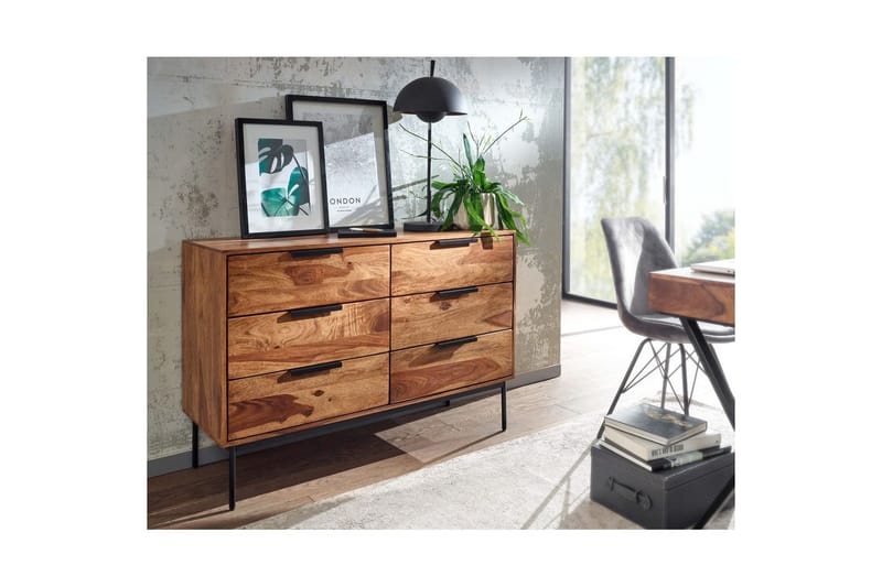 Sideboard Wohnling Massivt trä 117 cm 6 lådor filigrant metallben lantligt stil - Förvaring - Förvaringsmöbler - Skänkar & sideboards