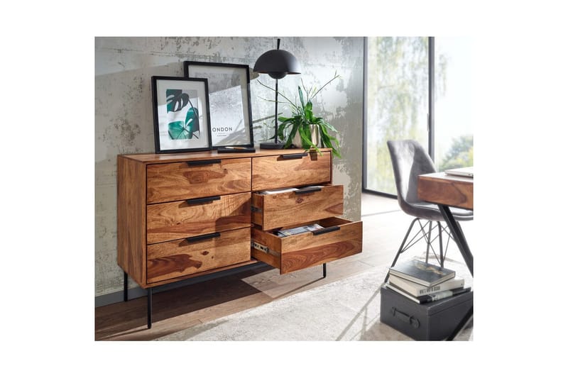 Sideboard Wohnling Massivt trä 117 cm 6 lådor filigrant metallben lantligt stil - Förvaring - Förvaringsmöbler - Skänkar & sideboards