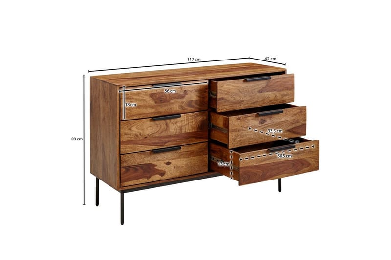 Sideboard Wohnling Massivt trä 117 cm 6 lådor filigrant metallben lantligt stil - Förvaring - Förvaringsmöbler - Skänkar & sideboards