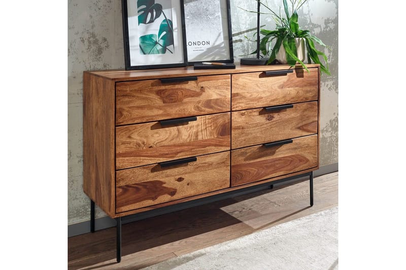 Sideboard Wohnling Massivt trä 117 cm 6 lådor filigrant metallben lantligt stil - Förvaring - Förvaringsmöbler - Skänkar & sideboards