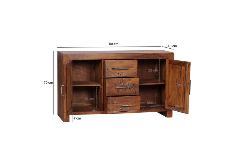 Sideboard Wohnling Massivt trä 118 x 40 cm 2 dörrar 3 lådor lantstil - Möbler - Vardagsrum - Soffbord & vardagsrumsbord - Sidobord & lampbord