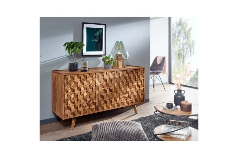 Sideboard Wohnling Massivt trä 3D kub-look front 138 cm Lantlig stil - Förvaring - Förvaringsmöbler - Skänkar & sideboards