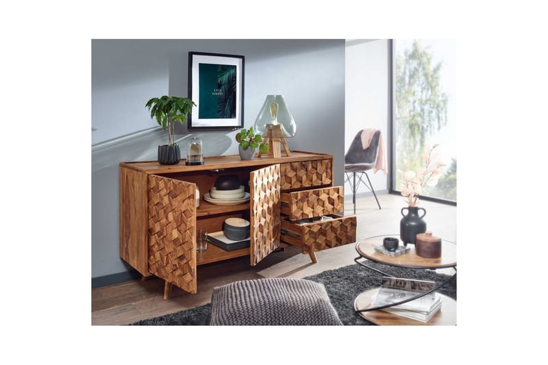 Sideboard Wohnling Massivt trä 3D kub-look front 138 cm Lantlig stil - Möbler - Vardagsrum - Soffbord & vardagsrumsbord - Brickbord
