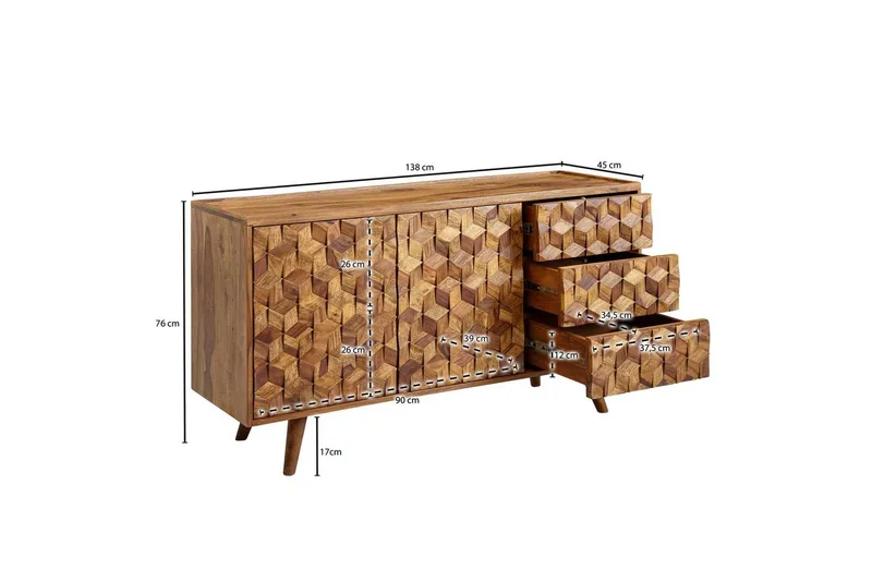 Sideboard Wohnling Massivt trä 3D kub-look front 138 cm Lantlig stil - Förvaring - Förvaringsmöbler - Skänkar & sideboards