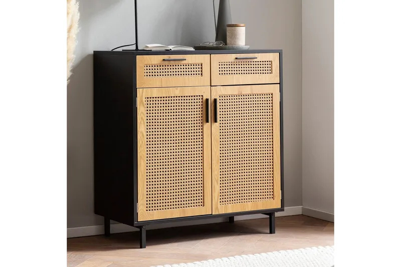 Sideboard Wohnling Melaminbelagd MDF 80 cm 2 dörrar 2 lådor med wienerflätning modern - Möbler - Vardagsrum - Soffbord & vardagsrumsbord - Sidobord & lampbord