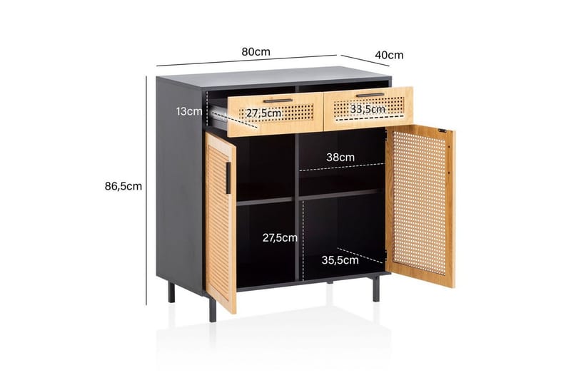 Sideboard Wohnling Melaminbelagd MDF 80 cm 2 dörrar 2 lådor med wienerflätning modern - Möbler - Vardagsrum - Soffbord & vardagsrumsbord - Sidobord & lampbord
