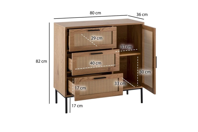 Sideboard Wohnling Melaminbelagd MDF-ekoptik, 3 lådor, 1 dörr med rottingfront Modern - Möbler - Vardagsrum - Soffbord & vardagsrumsbord - Sidobord & lampbord
