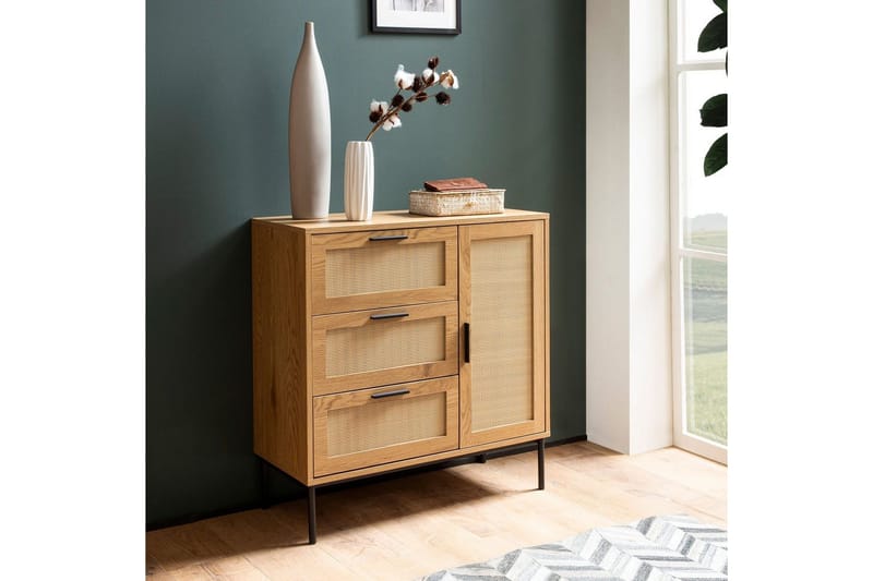 Sideboard Wohnling Melaminbelagd MDF-ekoptik, 3 lådor, 1 dörr med rottingfront Modern - Möbler - Vardagsrum - Soffbord & vardagsrumsbord - Sidobord & lampbord