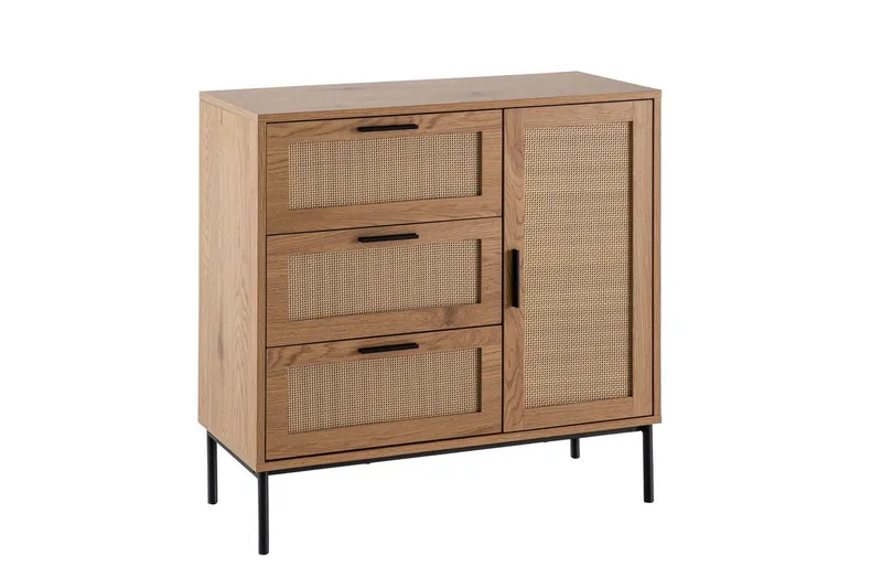 Sideboard Wohnling Melaminbelagd MDF-ekoptik, 3 lådor, 1 dörr med rottingfront Modern