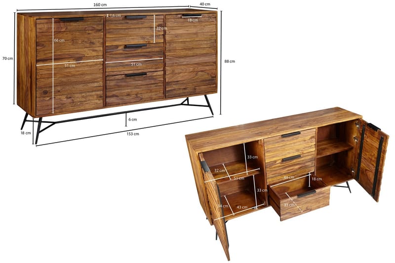 Kimbal Skänk 160x40 cm i Trä med Metallben - Brun - Förvaring - Förvaringsmöbler - Skänkar & sideboards