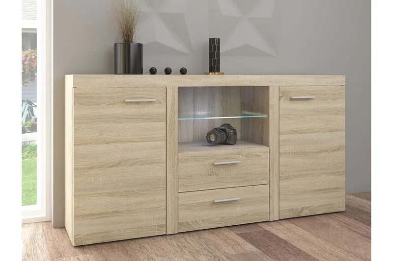 Rumba Skänk 157x40x81 cm - Ek/Vit Led-Belysning - Förvaring - Förvaringsmöbler - Skänkar & sideboards
