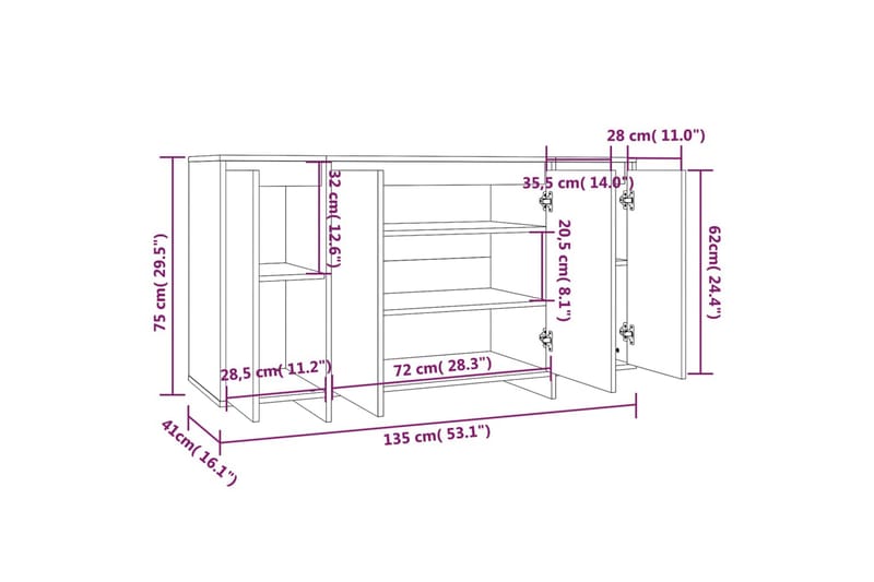 Skänk rökfärgad ek 135x41x75 cm spånskiva - Rökfärgad ek - Förvaring - Förvaringsmöbler - Skänkar & sideboards