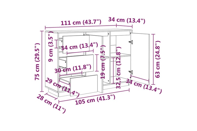 Skänk vit 111x34x75 cm massiv furu - Vit - Skänkar & sideboards