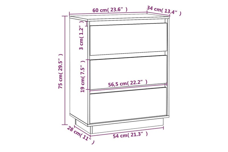 Skänk vit 60x34x75 cm massiv furu - Vit - Skänkar & sideboards