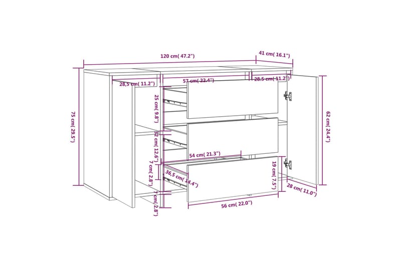 Skänk med 3 lådor betonggrå 120x41x75 cm spånskiva - Betonggrå - Förvaring - Förvaringsmöbler - Skänkar & sideboards
