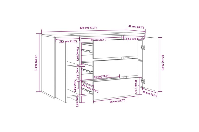 Skänk med 3 lådor betonggrå 120x41x75 cm spånskiva - Betonggrå - Skänkar & sideboards