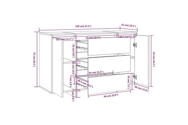 Skänk med 3 lådor sonoma-ek 120x41x75 cm spånskiva - Ek - Förvaring - Förvaringsmöbler - Skänkar & sideboards