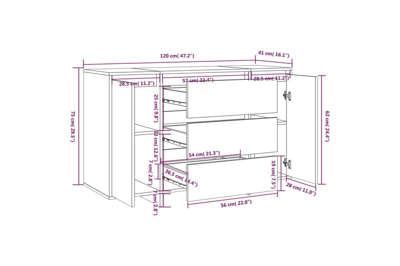 Skänk med 3 lådor svart 120x41x75 cm spånskiva - Svart - Skänkar & sideboards