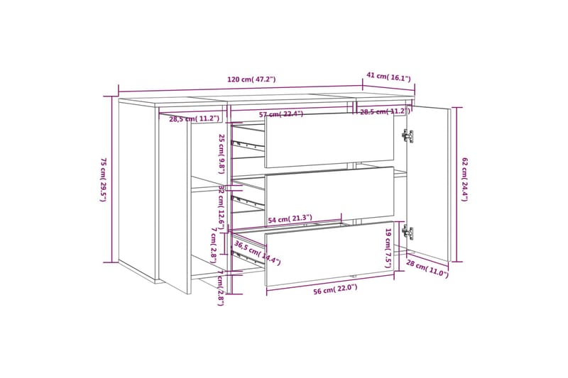 Skänk med 3 lådor vit 120x41x75 cm spånskiva - Vit - Förvaring - Förvaringsmöbler - Skänkar & sideboards