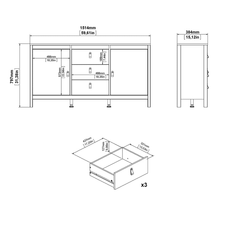 Vallvidera Sideboard med 2 dörrar och 3 lådor 151 cm - Förvaring - Förvaringsmöbler - Skänkar & sideboards