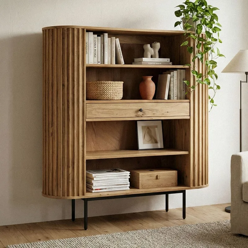 Belilo Bokhylla 105 cm Ribbdesign - naturligt varm honungsbrun och svart - Förvaring - Hyllor - Bokhylla