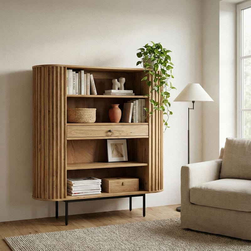 Belilo Bokhylla 105 cm Ribbdesign - naturligt varm honungsbrun och svart - Förvaring - Hyllor - Bokhylla