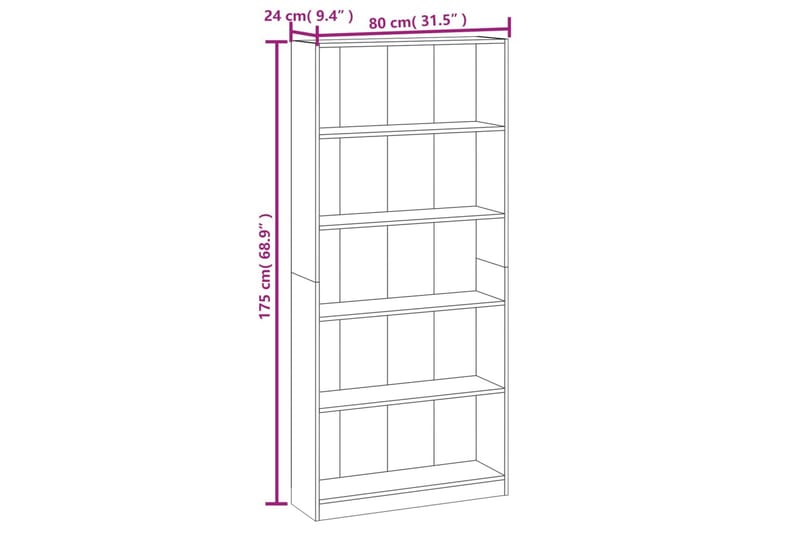 beBasic Bokhylla 5 hyllor grå sonoma 80x24x175 cm konstruerat trä - Förvaring - Hyllor - Bokhylla