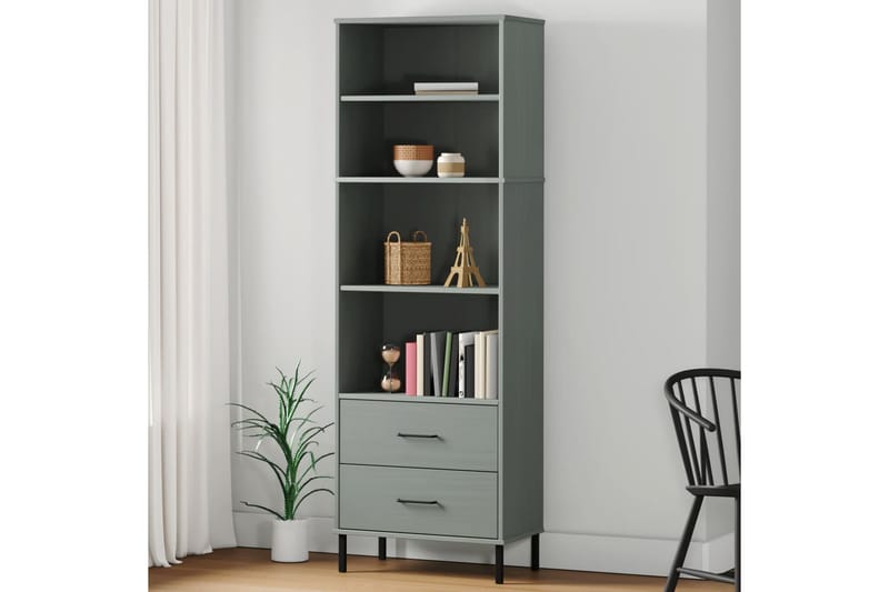 beBasic Bokhylla med 2 lådor OSLO grå 60x35x180 cm massivt trä - Förvaring - Hyllor - Bokhylla