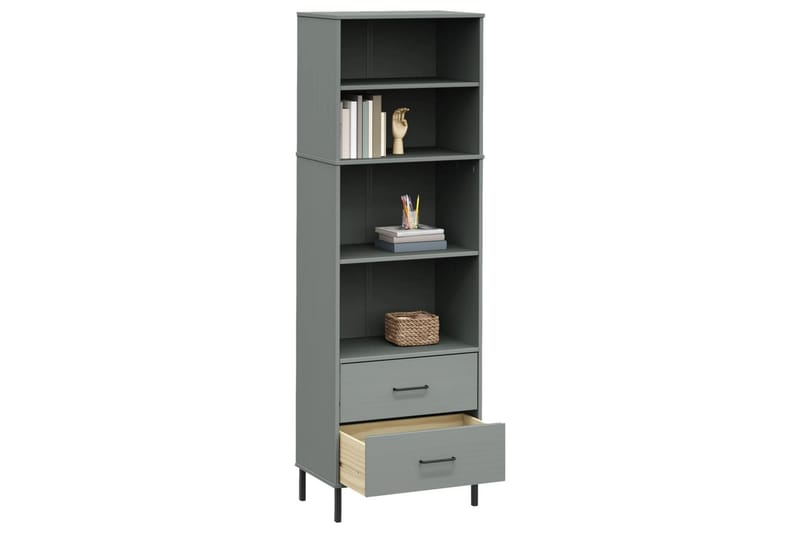 beBasic Bokhylla med 2 lådor OSLO grå 60x35x180 cm massivt trä - Förvaring - Hyllor - Bokhylla