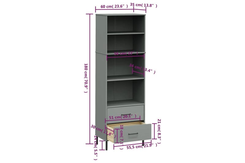 beBasic Bokhylla med 2 lådor OSLO grå 60x35x180 cm massivt trä - Förvaring - Hyllor - Bokhylla