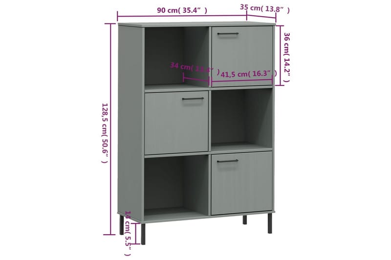 beBasic Bokhylla med metallben OSLO grå 90x35x128,5 cm massivt trä - Förvaring - Hyllor - Bokhylla